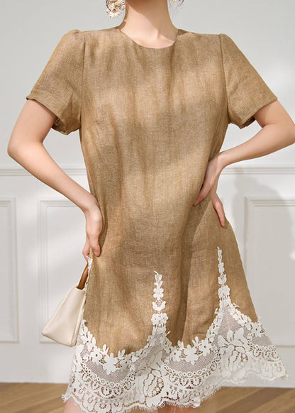 Loose Coffee O-neck Lace Patchwork Mid Dress Short Sleeve