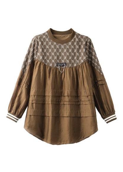 Loose Coffee O-neck Print Cozy Tops Spring