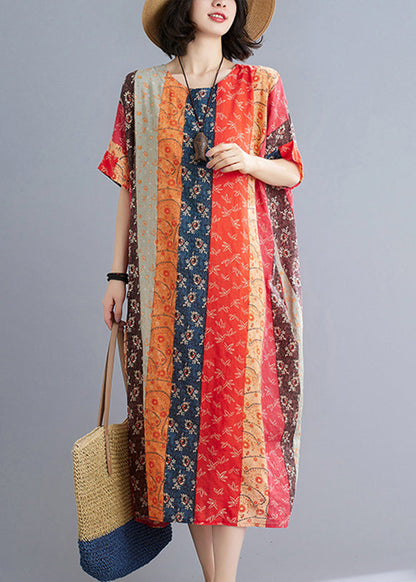 Loose Chocolate Orange O-neck Print Beach Dresses Short Sleeve