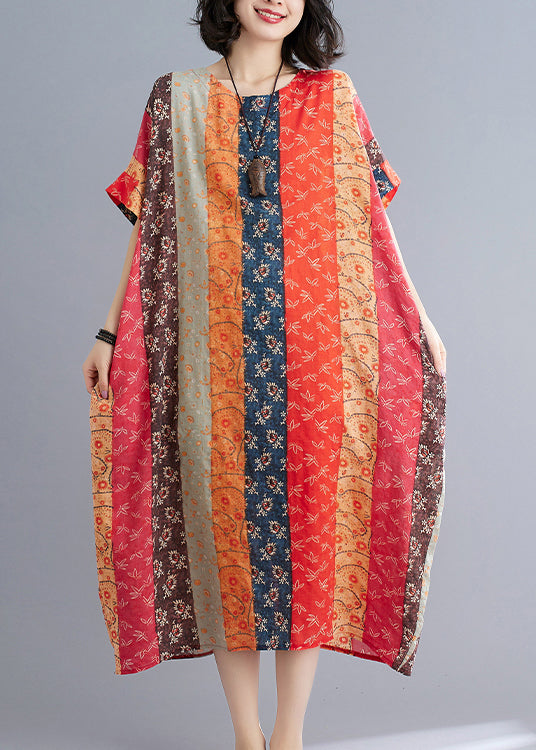 Loose Chocolate Orange O-neck Print Beach Dresses Short Sleeve
