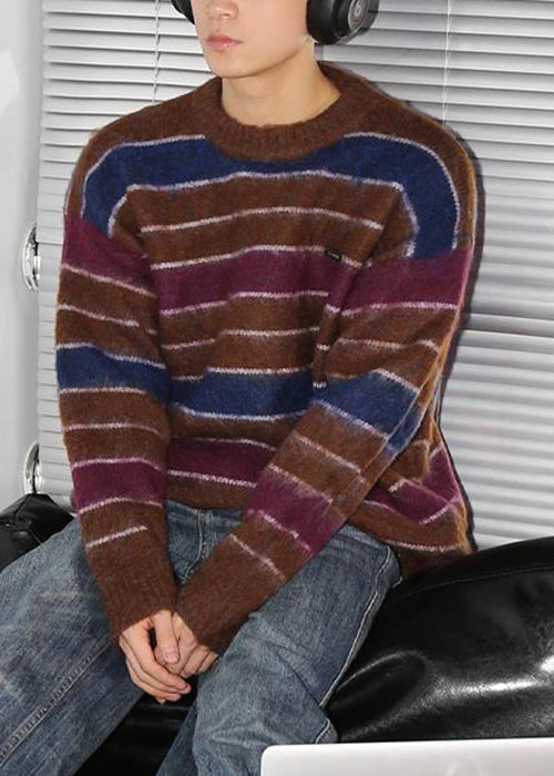 Loose Coffee Striped Thick Cotton Knit Sweaters Winter