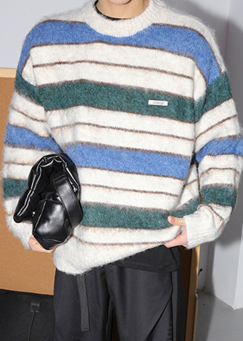 Loose Coffee Striped Thick Cotton Knit Sweaters Winter