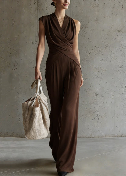 Loose Coffee Wrinkled Tops and Wide Leg Pants Silk Two-piece Set Summer