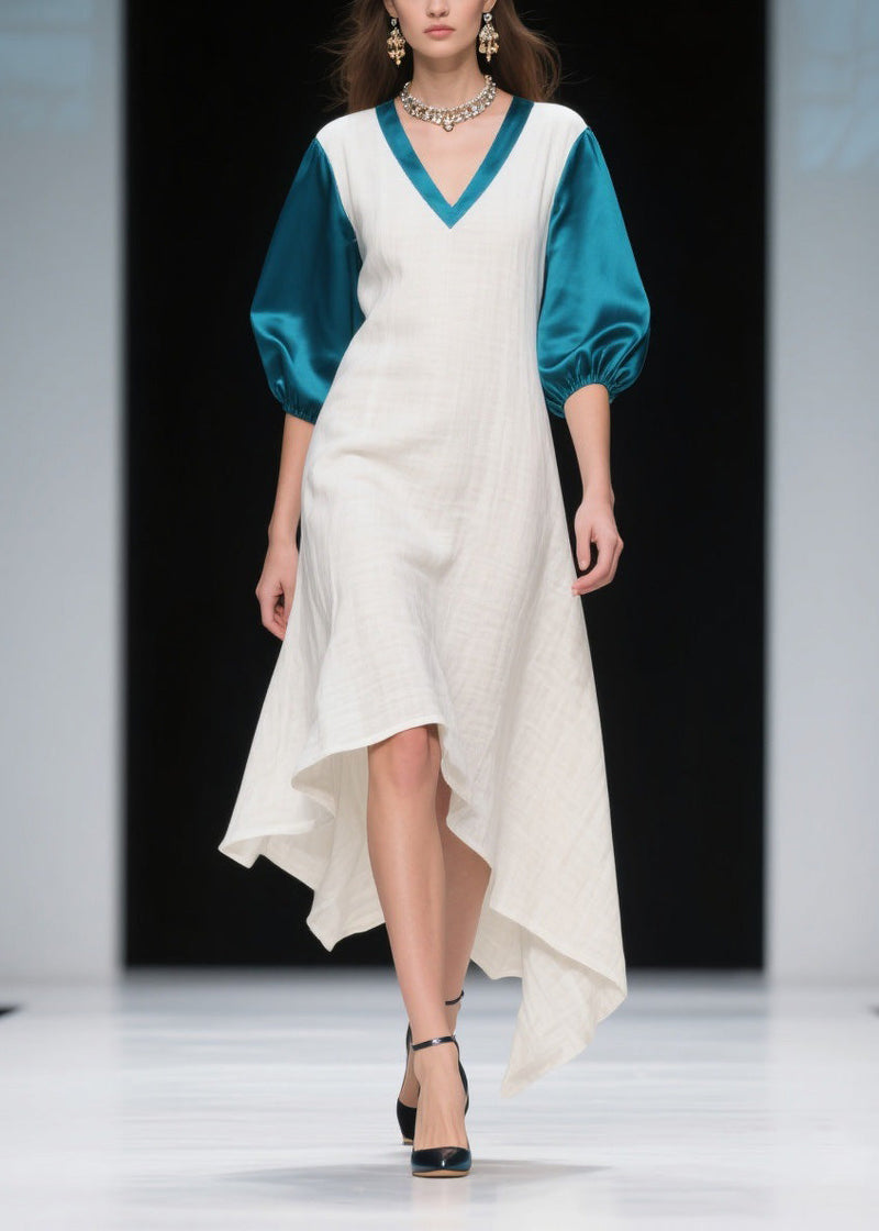 Loose Colorblock Asymmetrical Patchwork Linen Silk Dress Summer