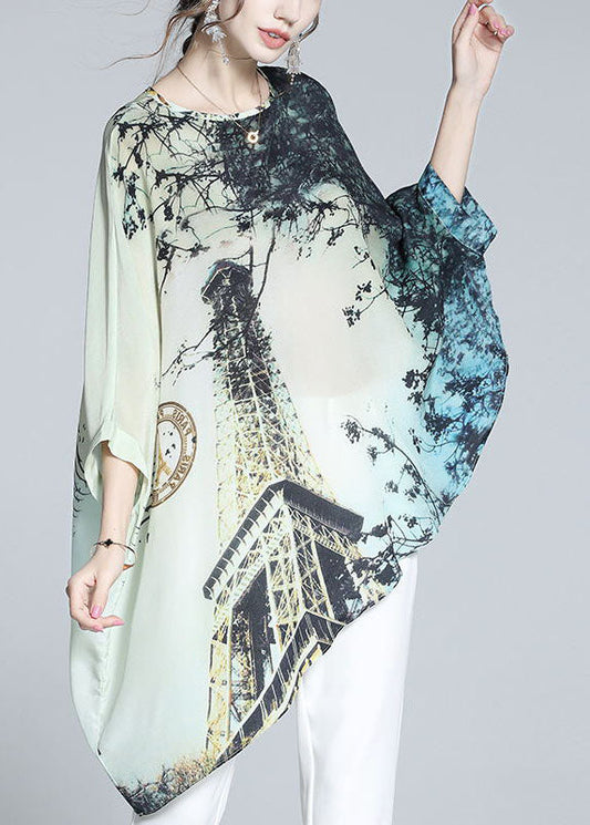 Loose Colorblock O-neck Asymmetrical Print Silk Batwing Shirt Tops Summer