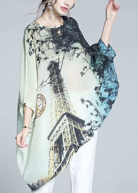 Loose Colorblock O-neck Asymmetrical Print Silk Batwing Shirt Tops Summer