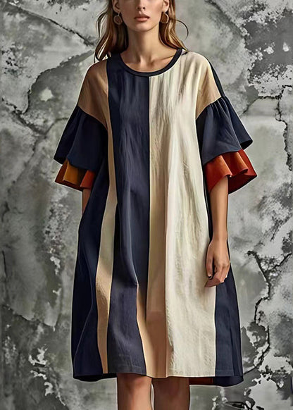 Loose Colorblock O-neck Patchwork Cotton Dress Flare Sleeve