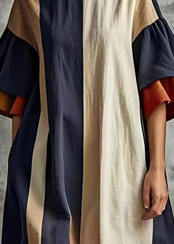Loose Colorblock O-neck Patchwork Cotton Dress Flare Sleeve
