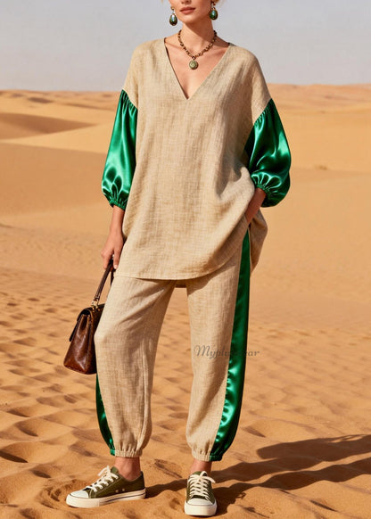 Loose Colorblock Silk Patchwork Linen Two Pieces Set Spring