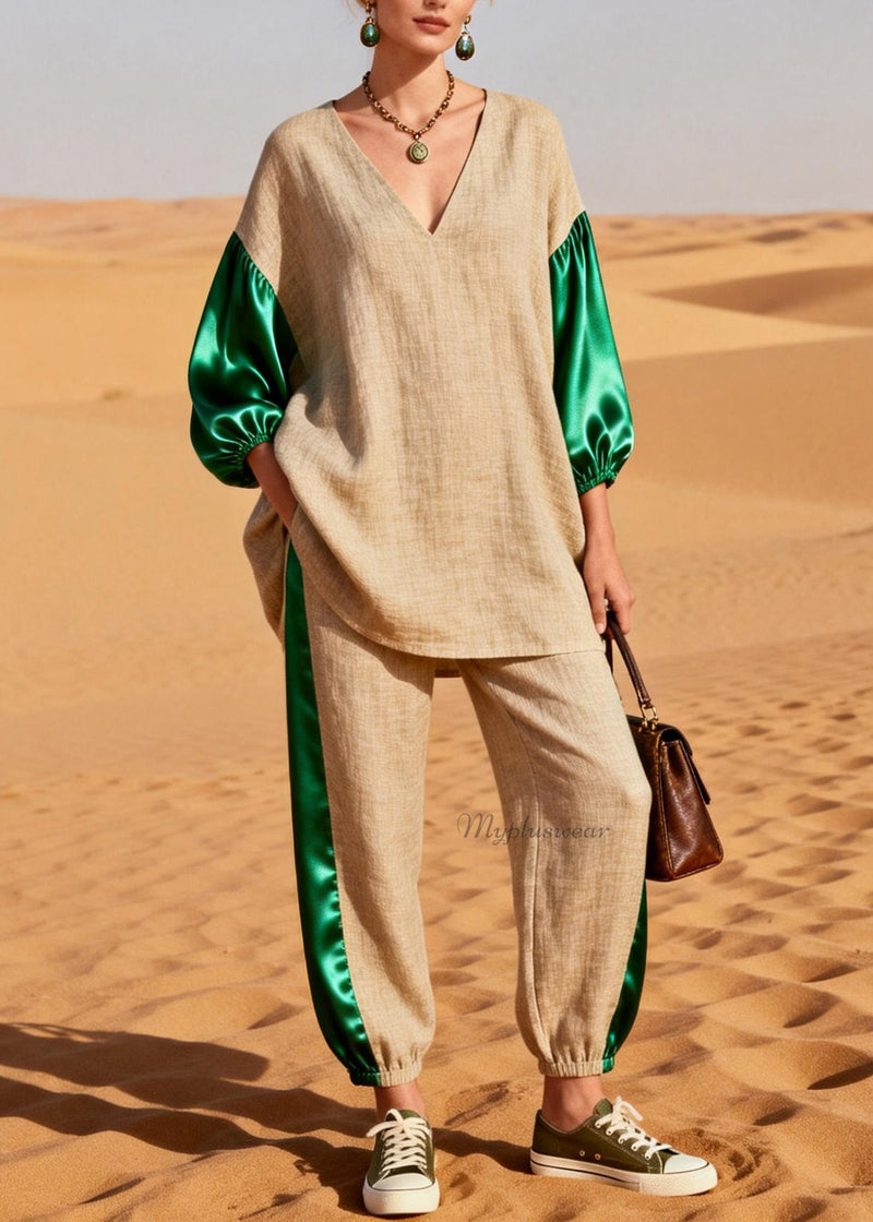 Loose Colorblock Silk Patchwork Linen Two Pieces Set Spring