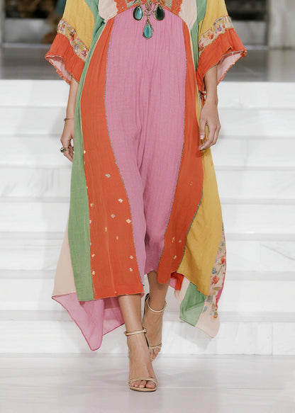 Loose Colorblock V Neck Cotton Dress Summer