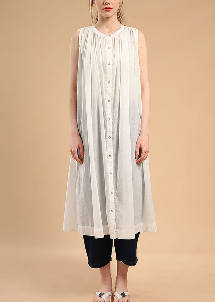 Loose Dark Blue O-neck Wrinkled Button Maxi Shirt Dresses Sleeveless