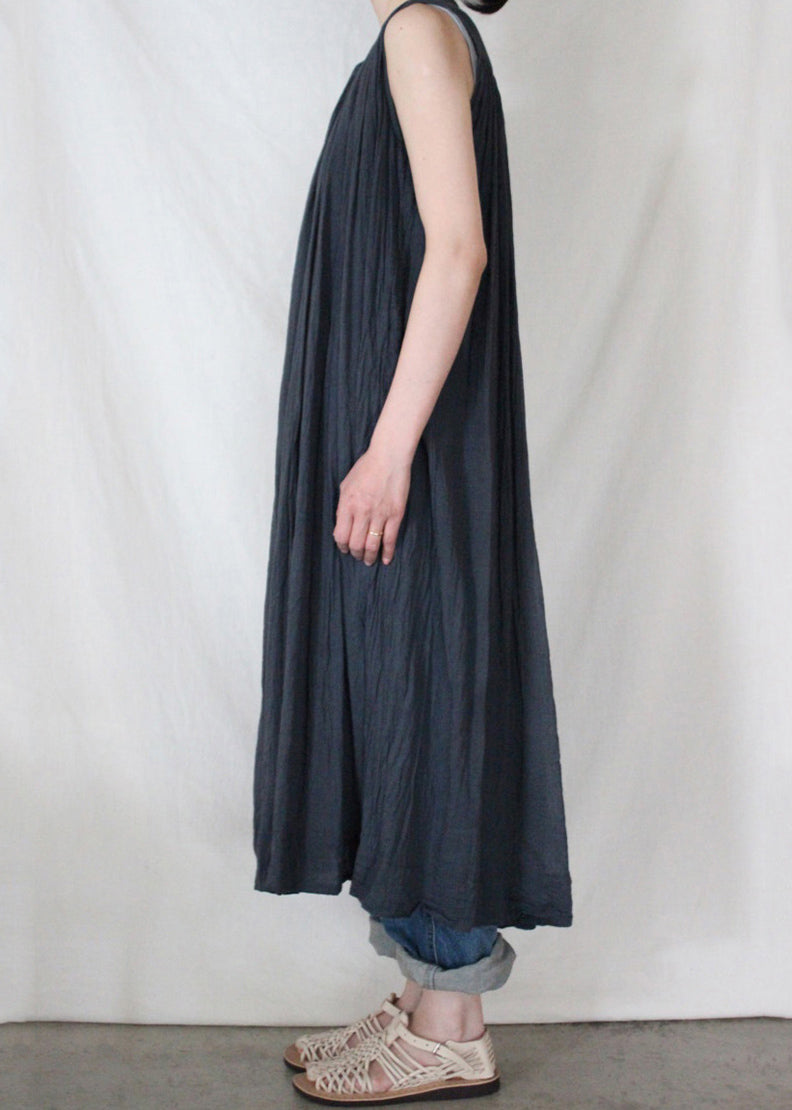 Loose Dark Blue O-neck Wrinkled Button Maxi Shirt Dresses Sleeveless