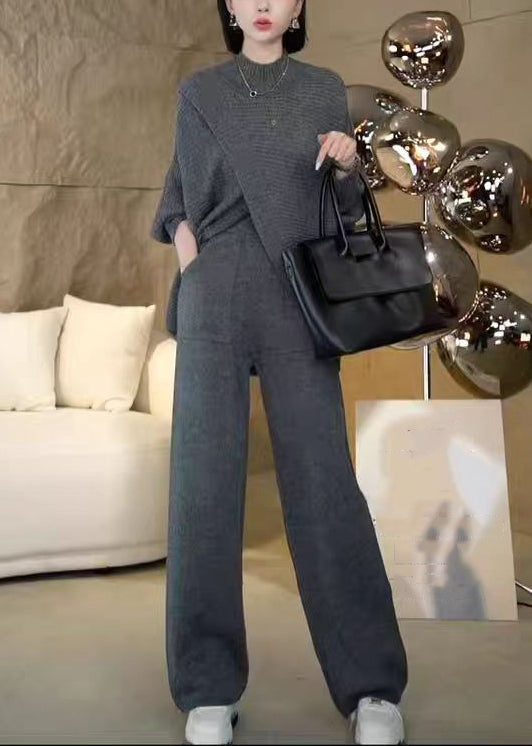 Loose Dark Gray Asymmetrical Sweaters and Pants Knit Two Piece Set Winter