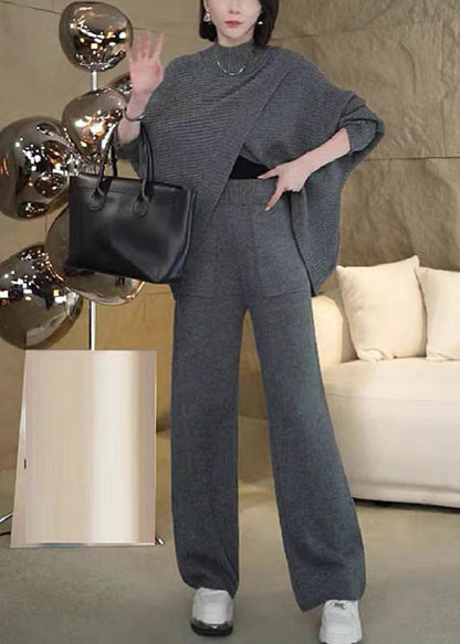 Loose Dark Gray Asymmetrical Sweaters and Pants Knit Two Piece Set Winter