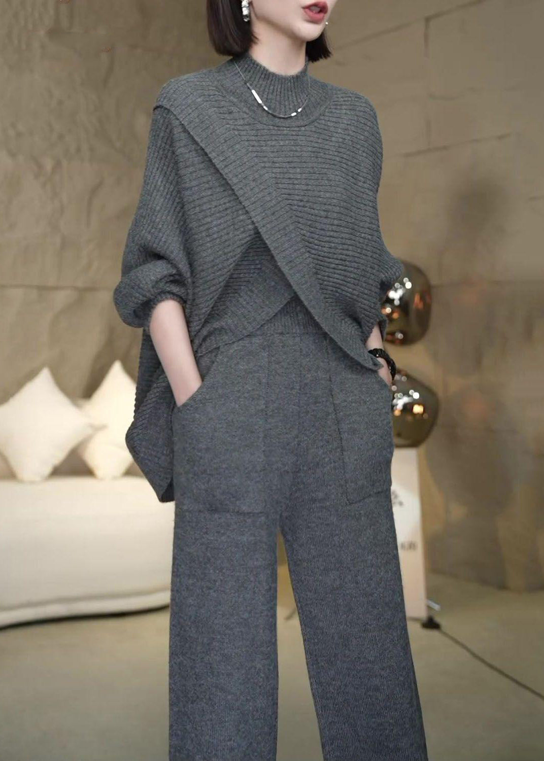 Loose Dark Gray Asymmetrical Sweaters and Pants Knit Two Piece Set Winter