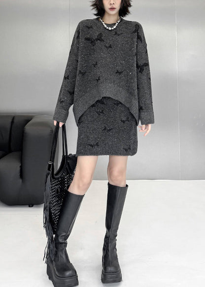 Loose Dark Gray Butterfly Sequins Sweaters and Skirts Knit Two Pieces Set