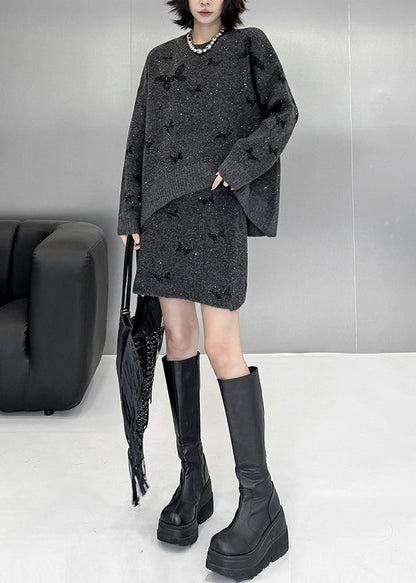 Loose Dark Gray Butterfly Sequins Sweaters and Skirts Knit Two Pieces Set