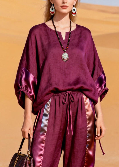 Loose Dark Purple Lace Up Elastic Waist Silk Patchwork Two Pieces Set Half Sleeve