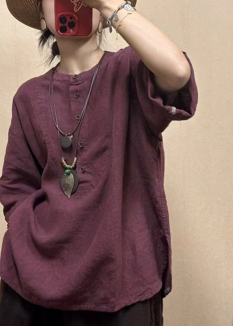 Loose Dark Red O-neck Button Cotton Top Bracelet Sleeve