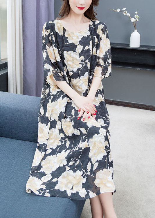 Loose O Neck Print Lace Patchwork Chiffon Dresses Summer