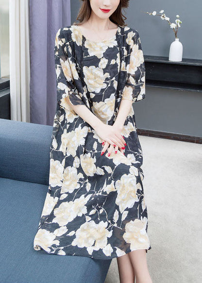 Loose O Neck Print Lace Patchwork Chiffon Dresses Summer