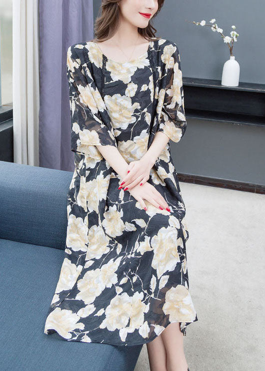 Loose O Neck Print Lace Patchwork Chiffon Dresses Summer