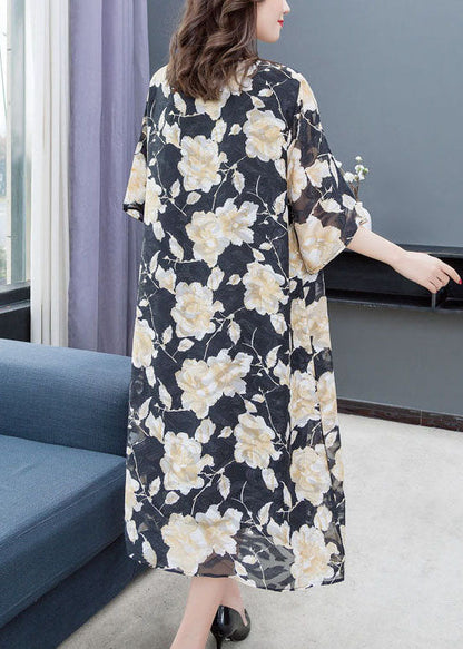 Loose O Neck Print Lace Patchwork Chiffon Dresses Summer
