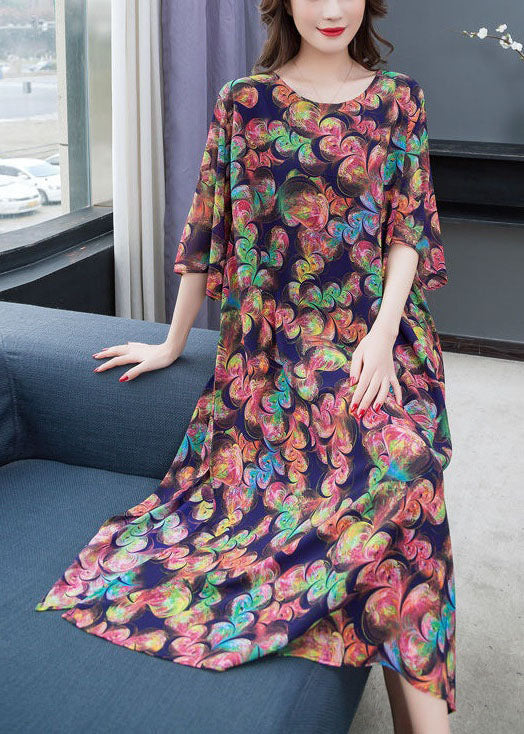 Loose O-neck Side Open Patchwork Chiffon Long Dresses Summer