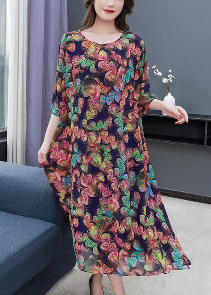 Loose O-neck Side Open Patchwork Chiffon Long Dresses Summer