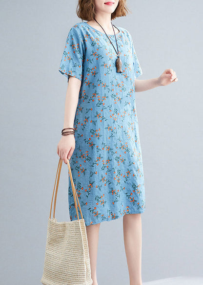 Loose Flower Number Two O-neck Print Linen Mid Dress Short Sleeve