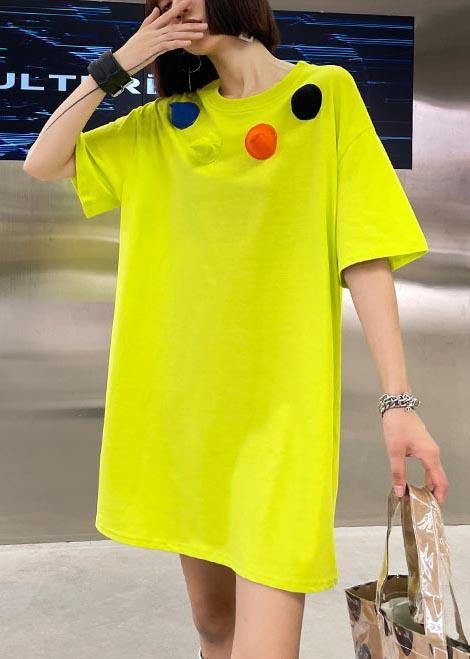 Loose Fluorescent Green Cotton O-neck Half Sleeve Summer Dress