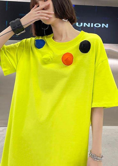 Loose Fluorescent Green Cotton O-neck Half Sleeve Summer Dress