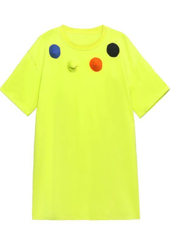 Loose Fluorescent Green Cotton O-neck Half Sleeve Summer Dress