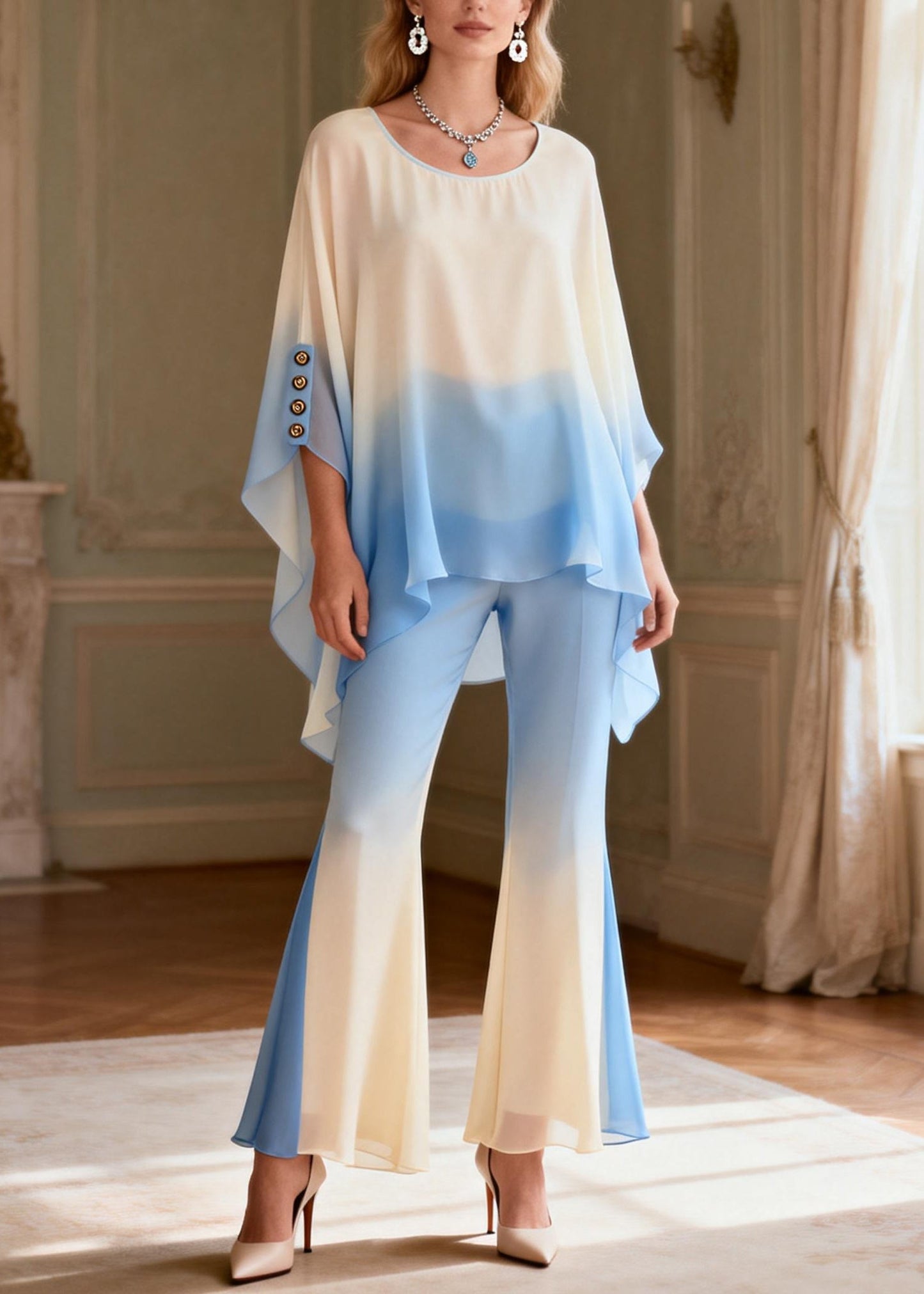 Loose Gradient Color O-neck Low High Design Chiffon Two Pieces Set Spring