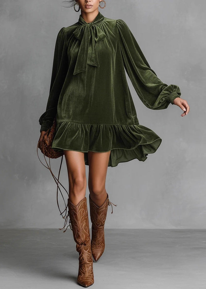 Loose Green Bow Wrinkled Silk Velvet Mid Dress Spring