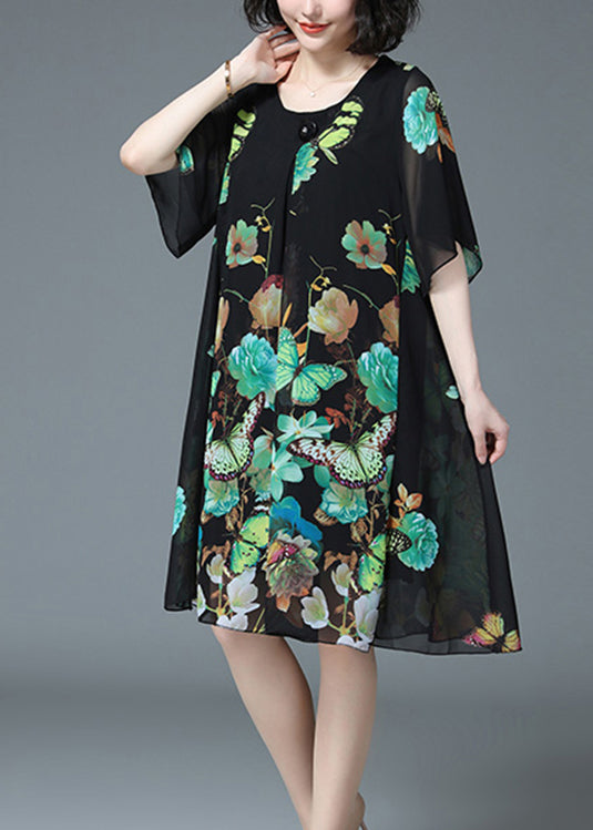 Loose Green Butterfly Print O-neck Chiffon Dress Half Sleeve