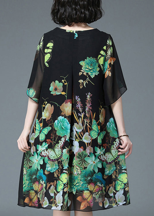 Loose Green Butterfly Print O-neck Chiffon Dress Half Sleeve