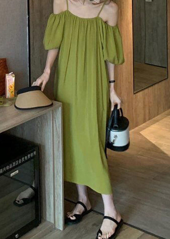 Loose Green Cold Shoulder Cotton Spaghetti Strap Dress Summer