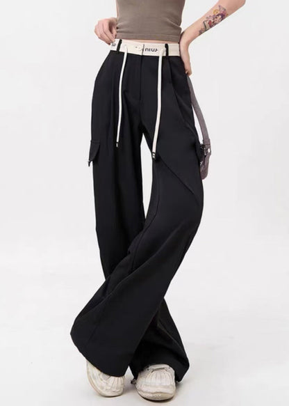 Loose Green Lace Up Pockets Cotton Pants Spring