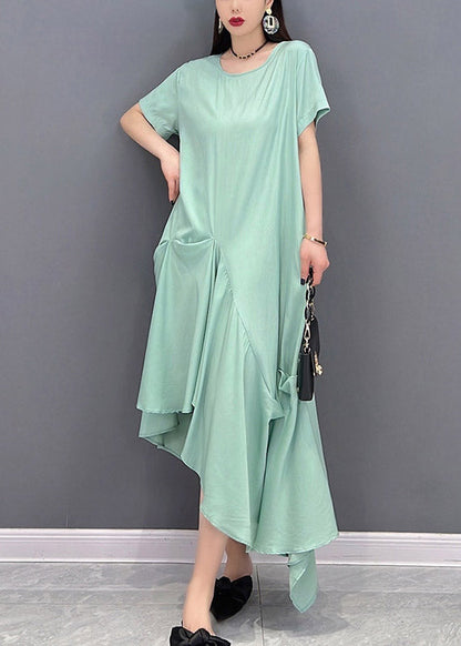 Loose Green O-neck Asymmetrical Pockets Dress Short Sleeve