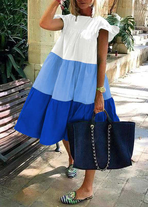 Loose Green O Neck Patchwork Cotton Dresses Summer