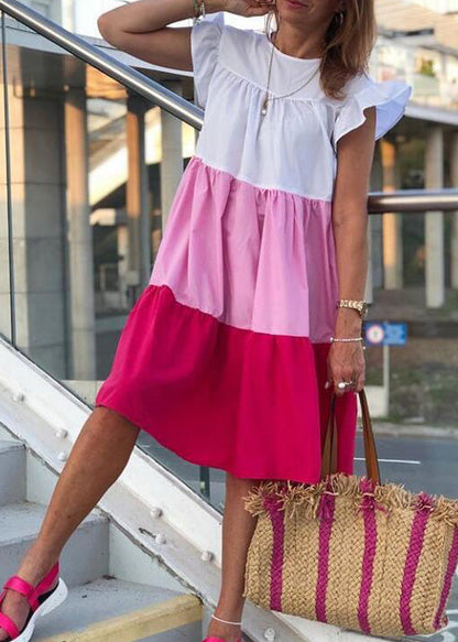 Loose Green O Neck Patchwork Cotton Dresses Summer