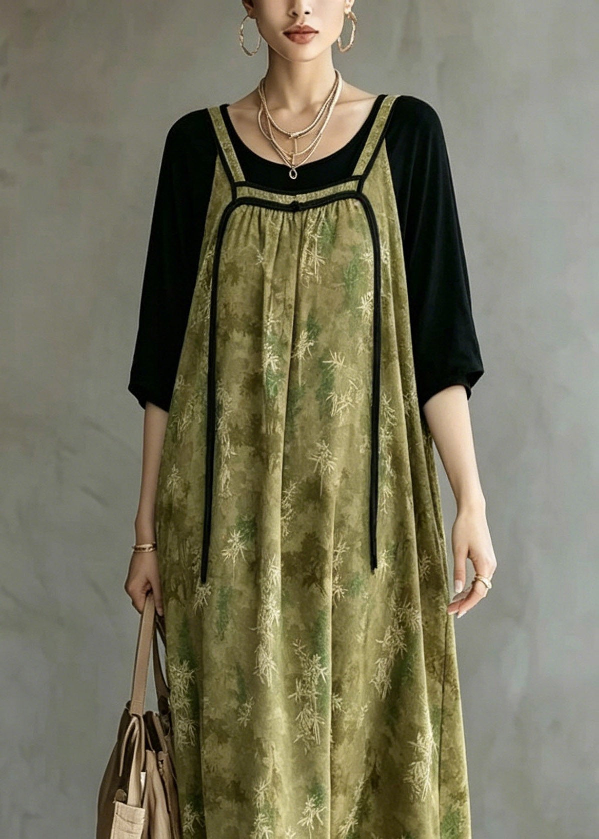 Loose Green O-neck Patchwork Fake Two-piece Long Dresses Half Sleeve