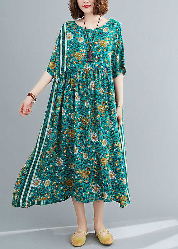 Loose Green O-neck Print Wrinkled Long Dresses Short Sleeve