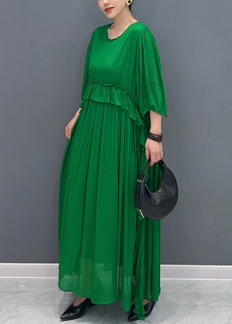 Loose Green O-neck Ruffled Chiffon Long Dress Half Sleeve