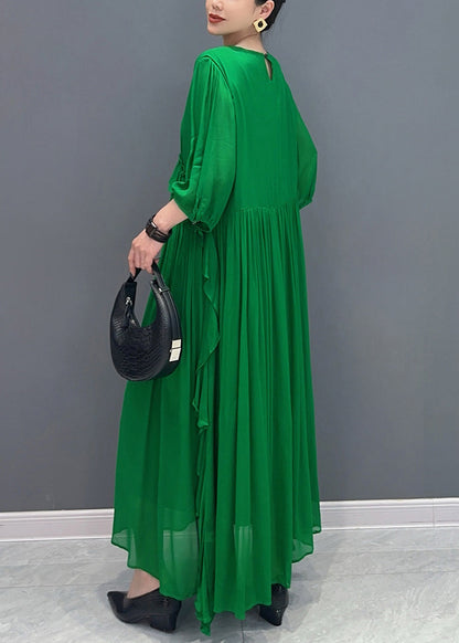 Loose Green O-neck Ruffled Chiffon Long Dress Half Sleeve