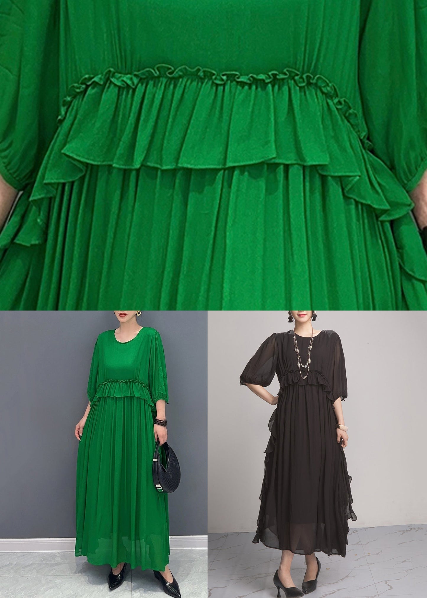 Loose Green O-neck Ruffled Chiffon Long Dress Half Sleeve