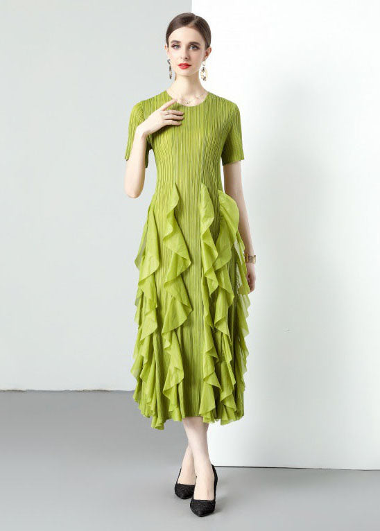 Loose Green O-neck Ruffled Patchwork Chiffon Long Dresses Summer