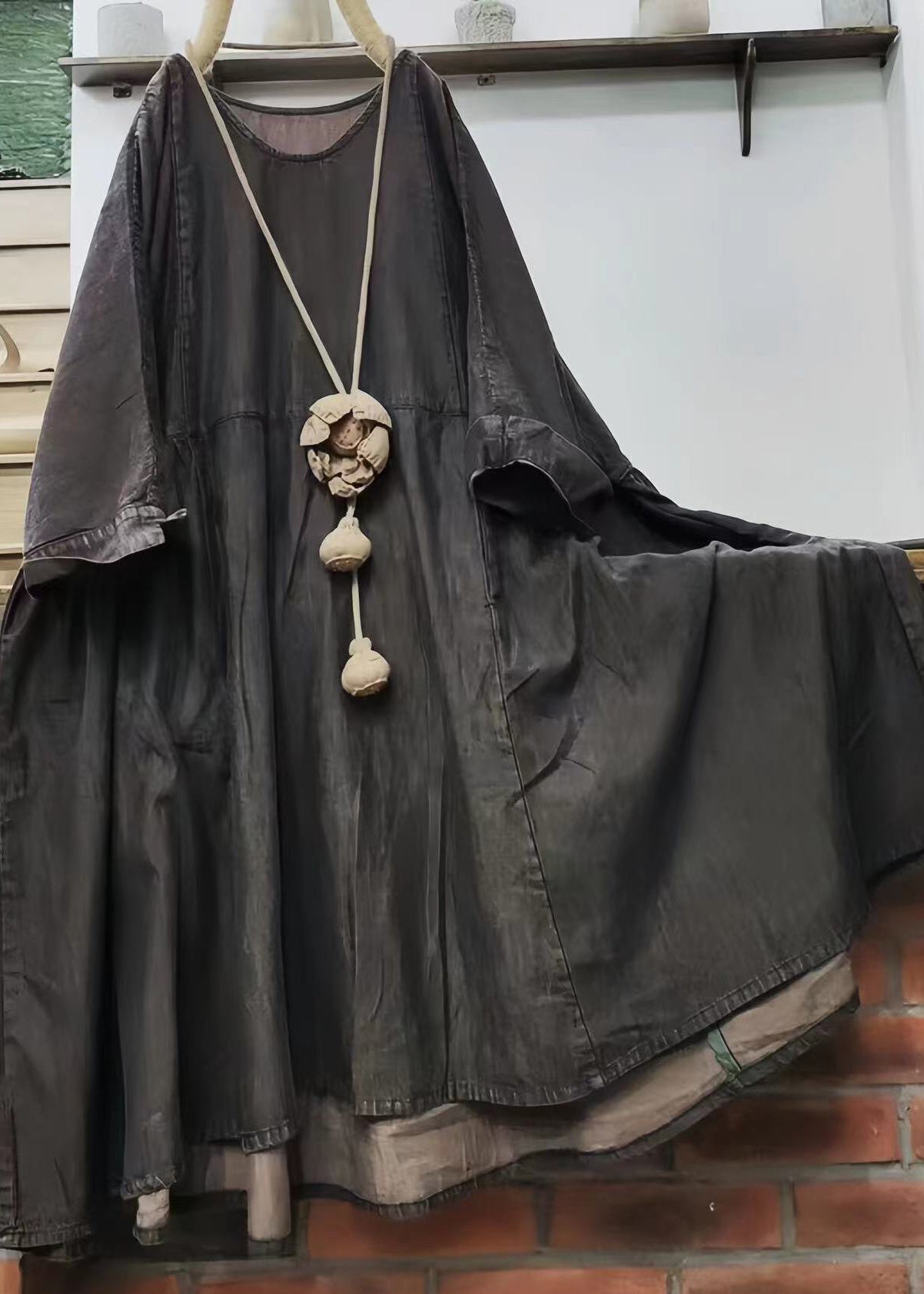 Loose Green O Neck Cotton Mid Dress Long Sleeve